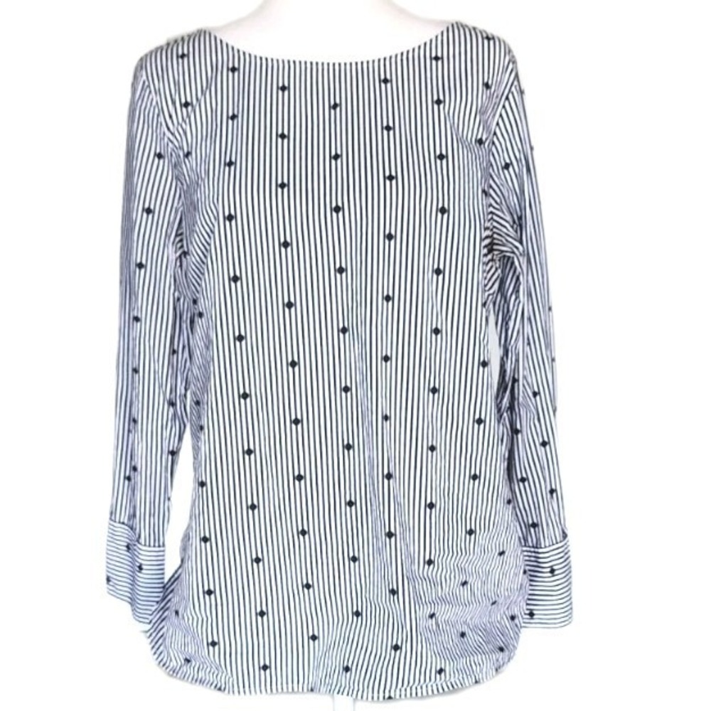 Talbots Blouse Top Womens Large Blue White Dot 100% Cotton Career Casual Comfort